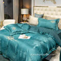 Bộ đồ giường thêu lụa jacquard sang trọng màu xanh lá cây